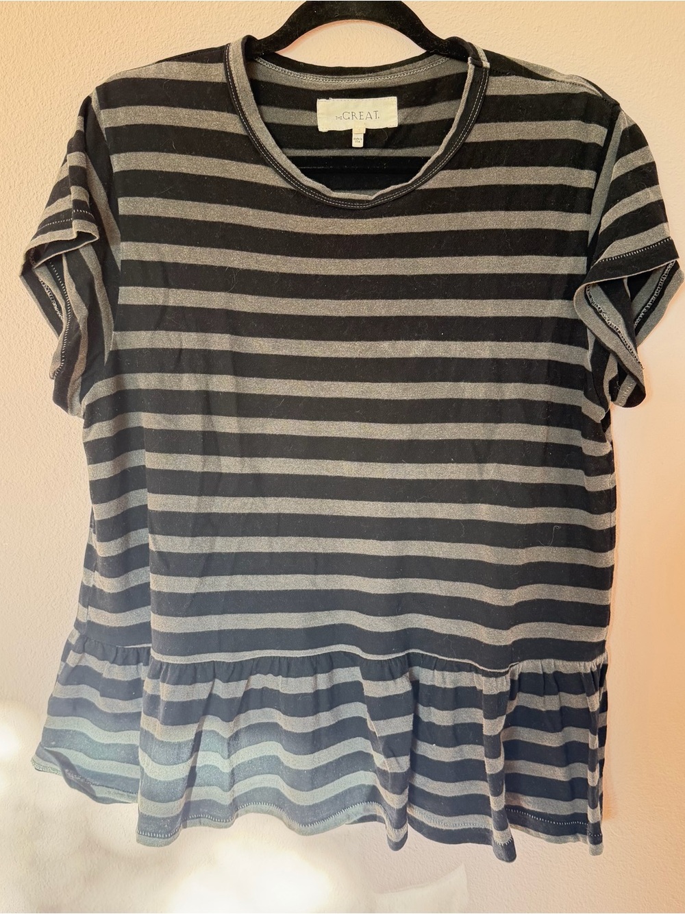 the GREAT. Striped Gray & Black Peplum Tee
